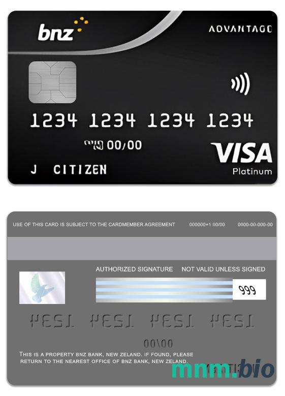 New Zeland BNZ Bank advantage visa platyna karta przykład w formacie PSD